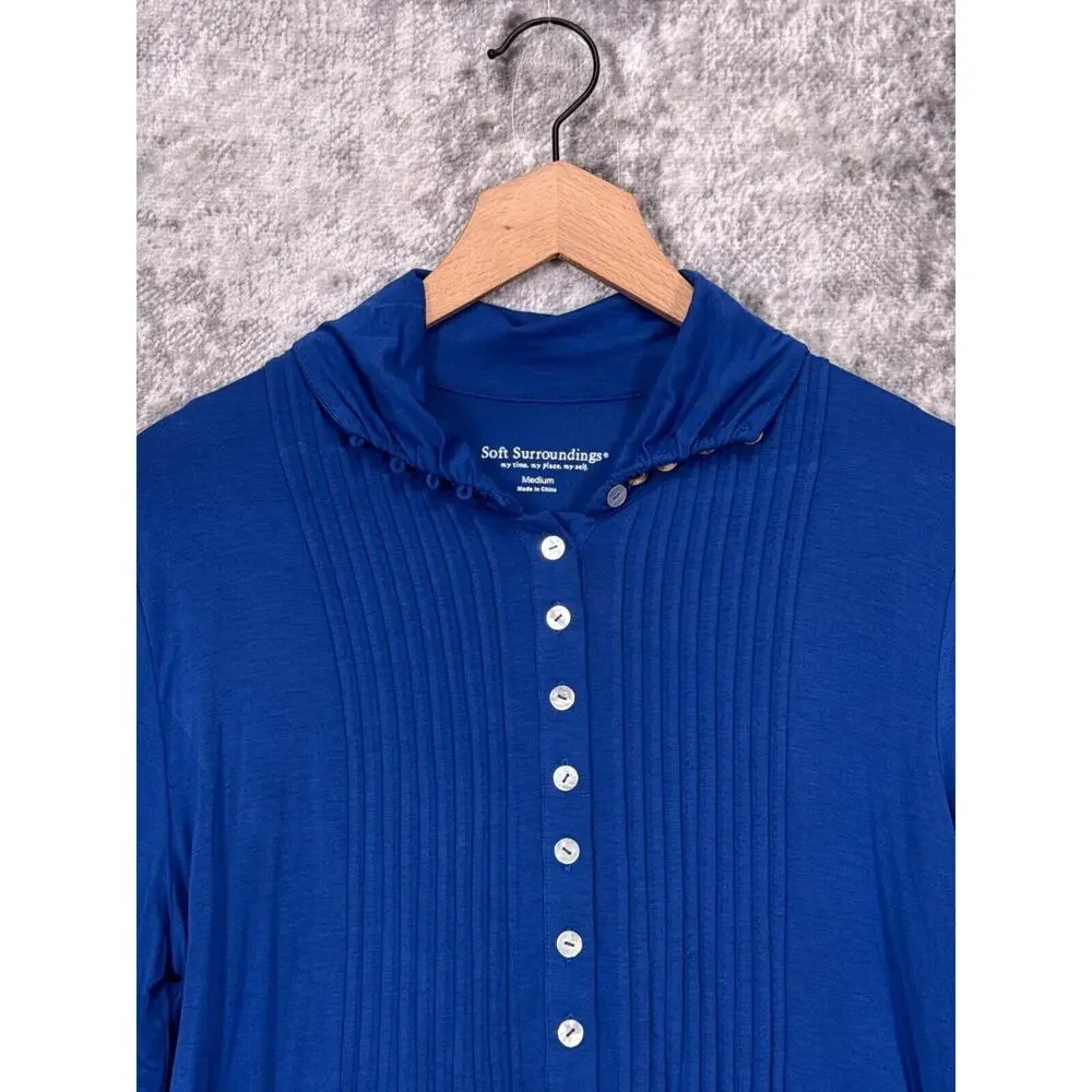 New Soft Surroundings Top Medium Womens Blue Jersey Knit Button Henley